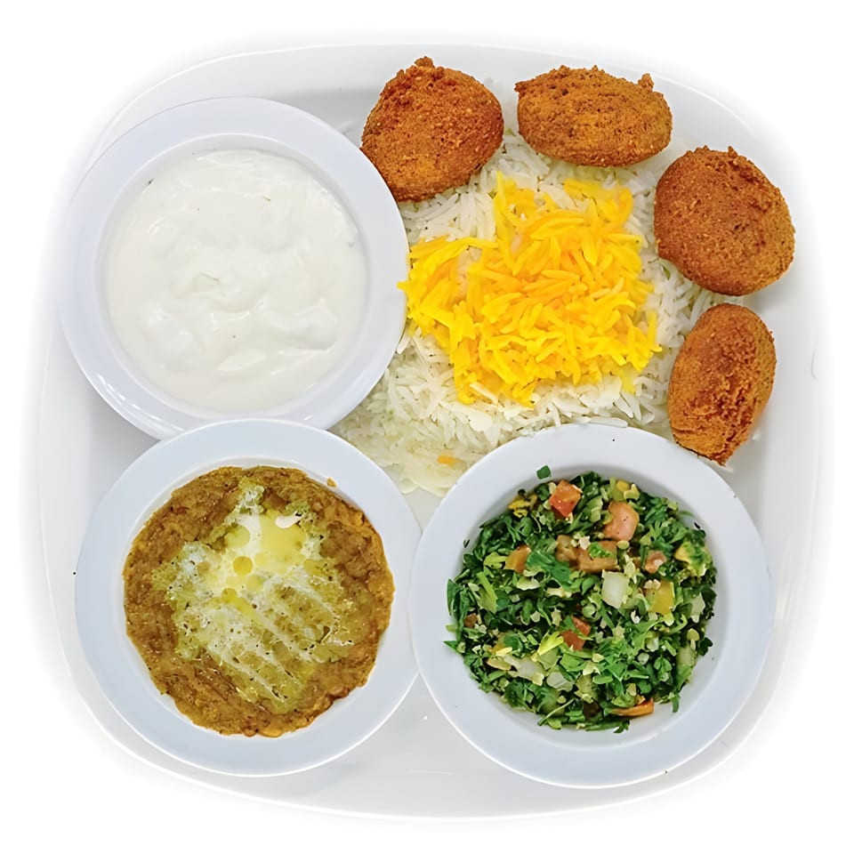 A Persian platter with rice, falafel, yogurt, a bean dish, and a green salad.