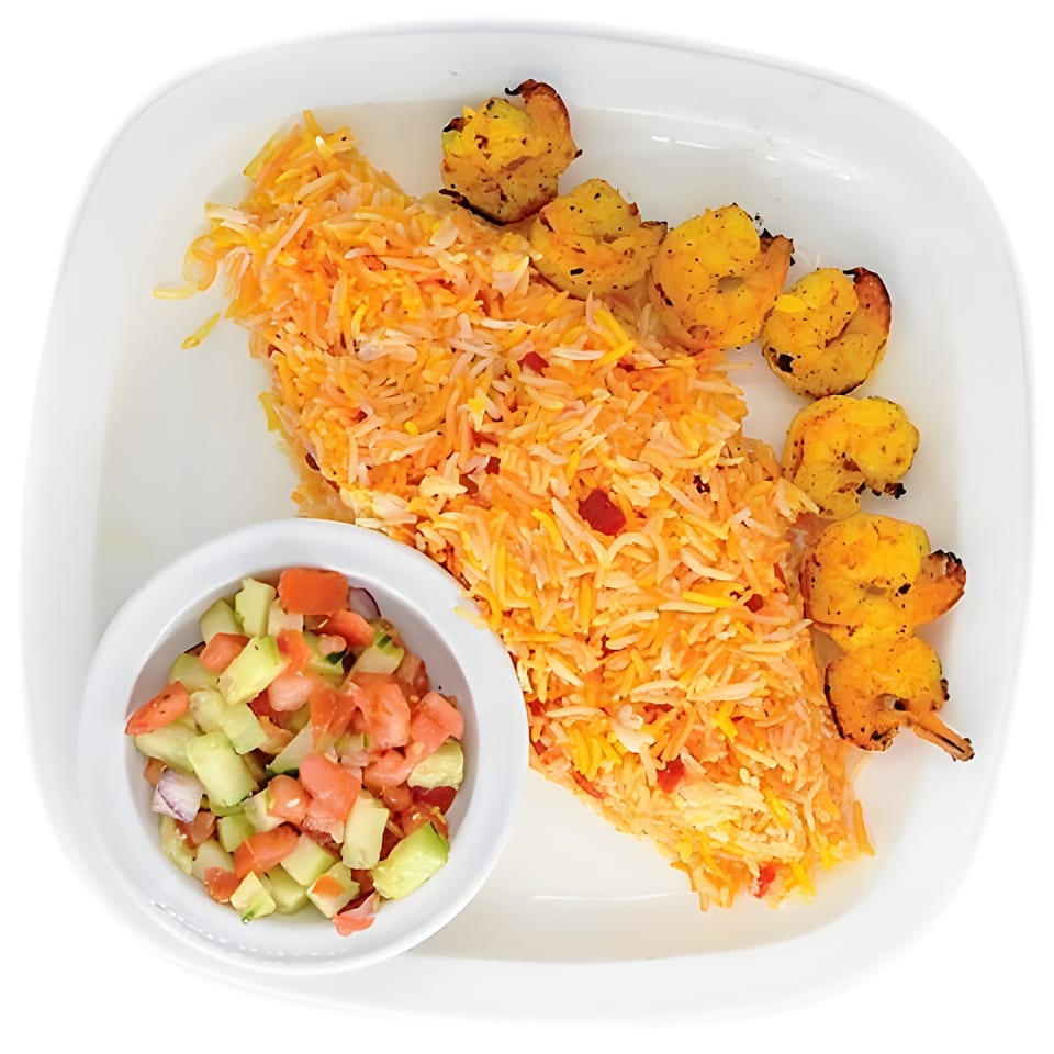 Persian shrimp kabob with saffron rice and a side of Shirazi salad on a white plate.
